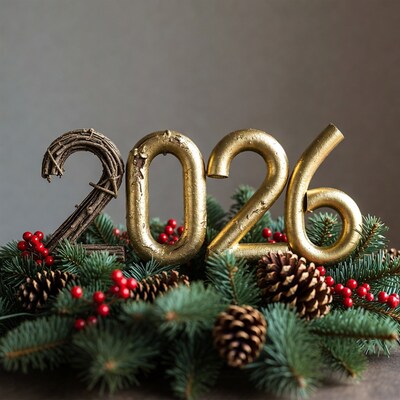 Golden 2026 Numbers with Christmas Wreath