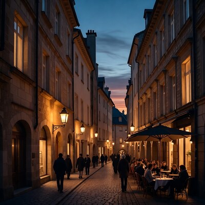 Cobblestone Street with People at Dusk