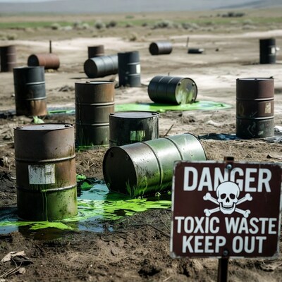 Toxic Waste Barrels with Danger Sign