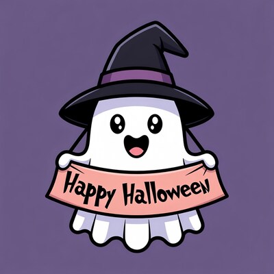 Cute Ghost Holding Happy Halloween Sign