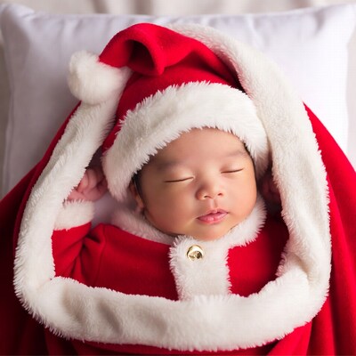 Asian baby sleeping in Santa outfit