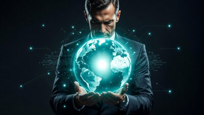 Man holding glowing digital globe