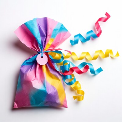 Colorful Wrapped Gift Bag with Ribbons