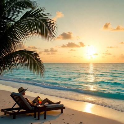 Man relaxing on beach chair at sunset