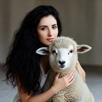 Woman holding cute lamb