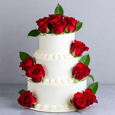 Three-tier white wedding cake with red roses