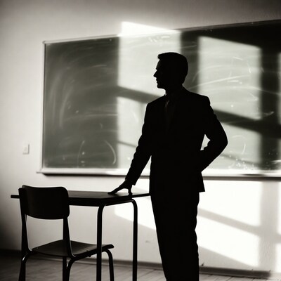 Silhouette of man at classroom desk