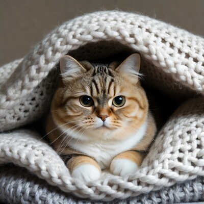 Tabby cat peeking from blanket