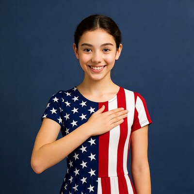 Girl pledging allegiance in American flag dress