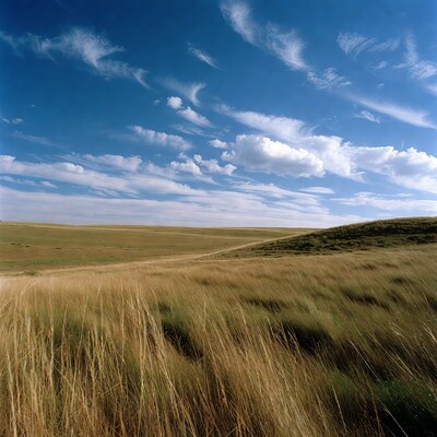 Golden grass field under blue sky