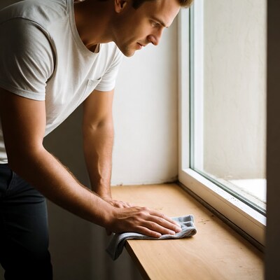 Man cleaning windowsill with cloth