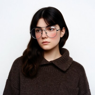 Woman with large glasses and brown sweater