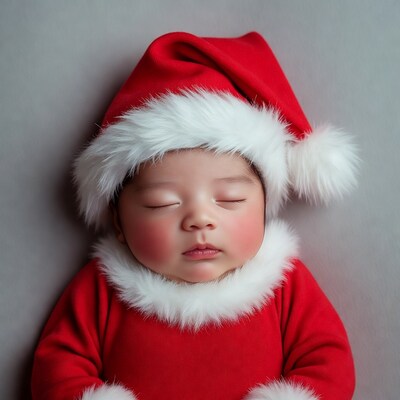 Sleeping Asian baby in Santa hat