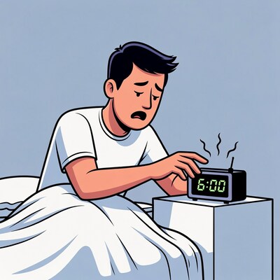 Asian man turning off alarm clock