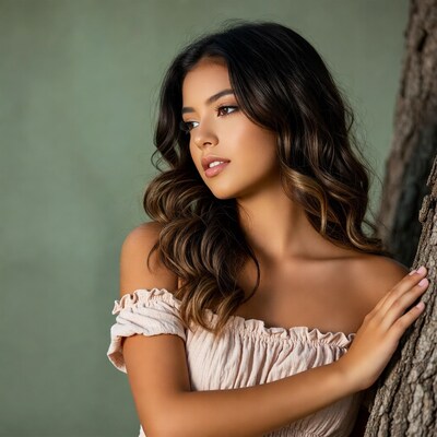 Beautiful Asian woman leaning on tree