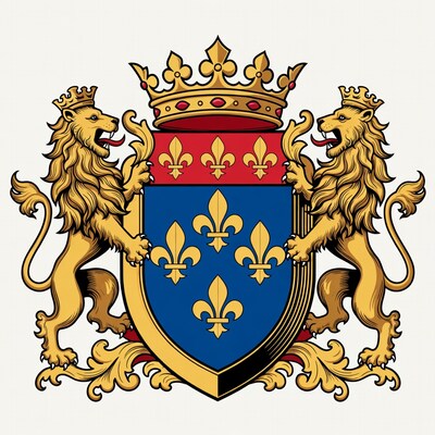 French Coat of Arms with Lions and Fleur-de-lis