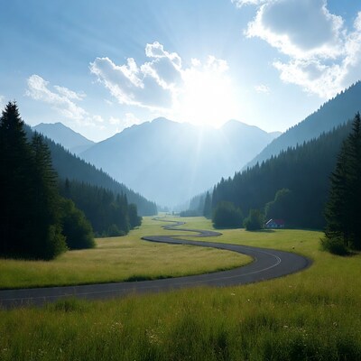 Winding road through sunny mountain valley