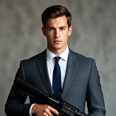 Man in suit holding rifle