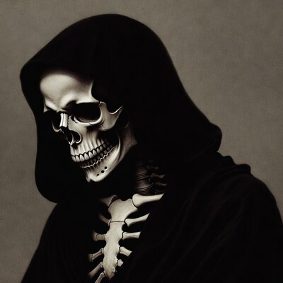 Skeleton in Black Hooded Cloak