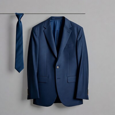 Navy Blue Suit with Tie Hanging