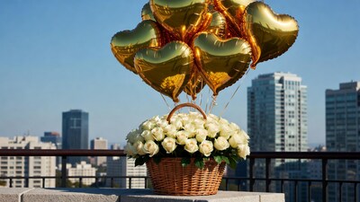 Gold heart balloons over white roses basket
