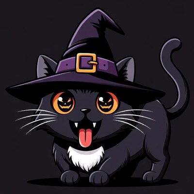 Cute black cat wearing witch hat