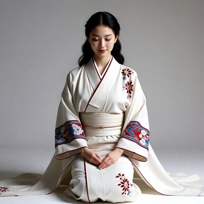 Asian woman in kimono kneeling
