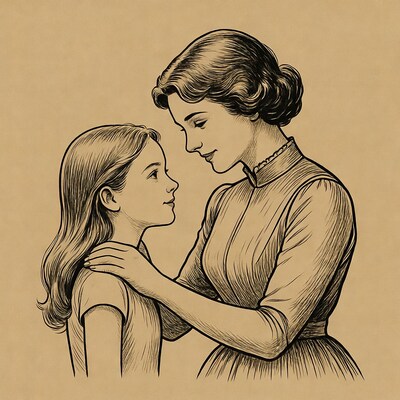 Mother embracing daughter illustration