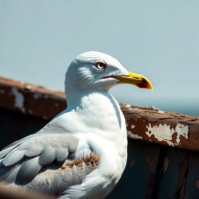 White seagull on wooden boat edge