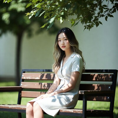 Asian woman sitting on park bench