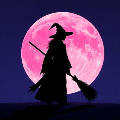 Silhouette witch broom pink moon