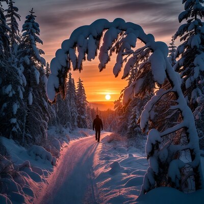 Man walking snowy path toward sunset