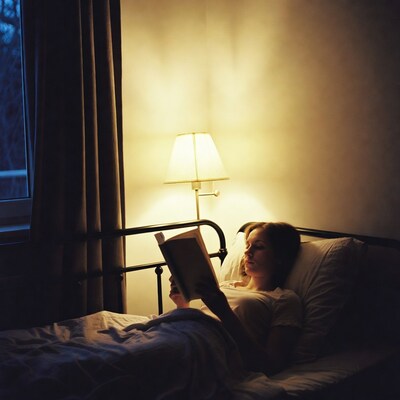 Woman reading book in bed at night