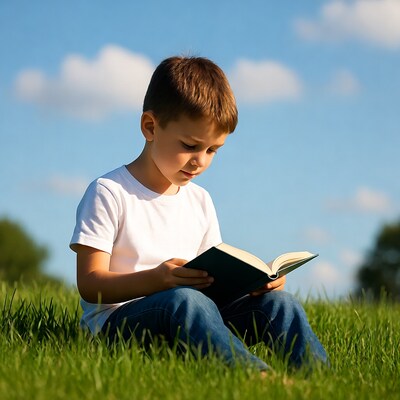 Boy reading book on grass