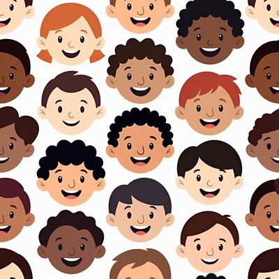 Diverse cartoon kids smiling faces pattern