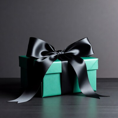 Teal gift box with black bow