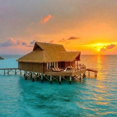 Overwater bungalow at sunset