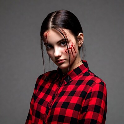 Woman with blood on face in plaid shirt