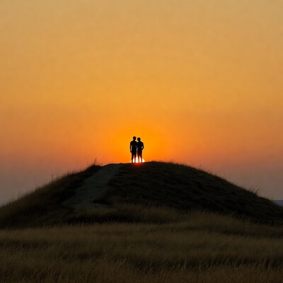 Couple silhouette at sunset on hill