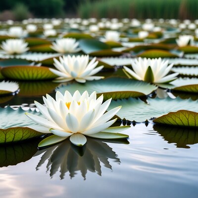 White lotus flowers on pond