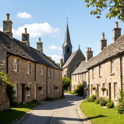 Stone Cottages Leading to Church