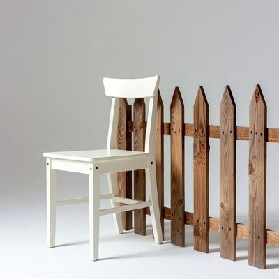 White chair against wooden picket fence
