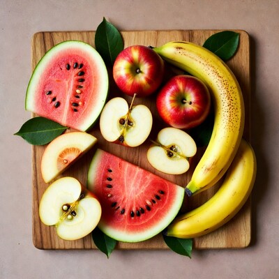 Watermelon apple banana on wood board