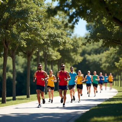 Diverse group running on tree-lined path