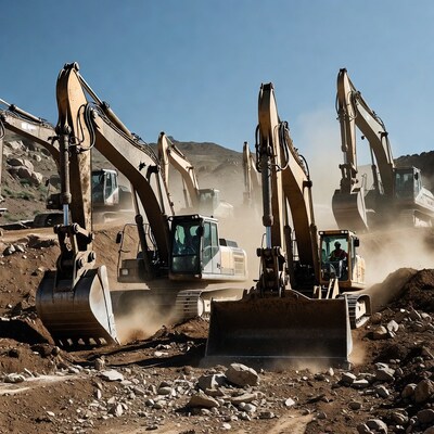 Excavators digging rocks at quarry
