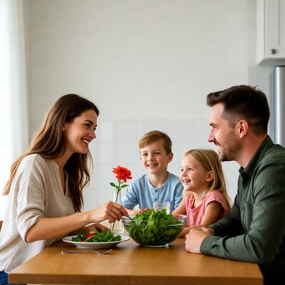 Family serving salad at kitchen table