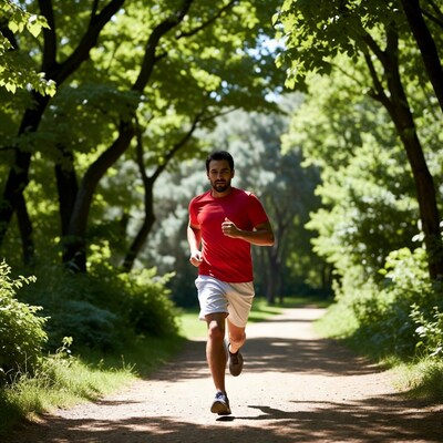 Man running on forest path