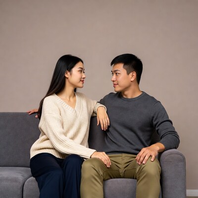 Asian couple sitting on couch