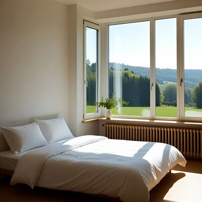 Bedroom with bed by window overlooking hills