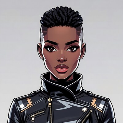 African-American woman in black leather jacket